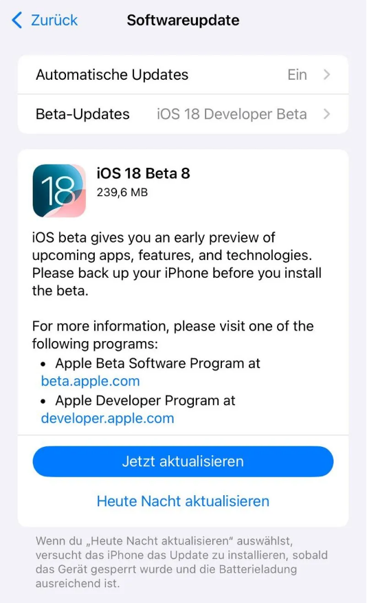 东台苹果手机维修分享苹果 iOS / iPadOS 18 开发者预览版 Beta 8 发布 